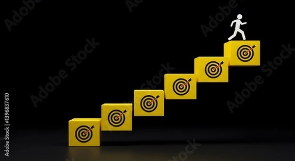 Obraz Yellow blocks with target icons arranged as stairs, with a figure climbing upward on a black background. Symbolizes goal achievement, progress, success, and personal or professional growth.








