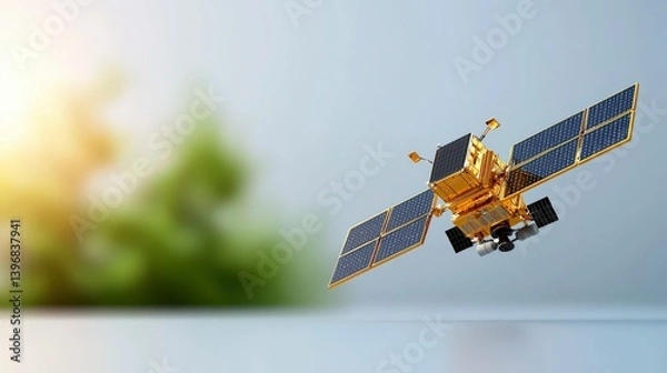 Obraz Futuristic satellite with solar panels flying toward sunlight with blurred nature background in soft focus
