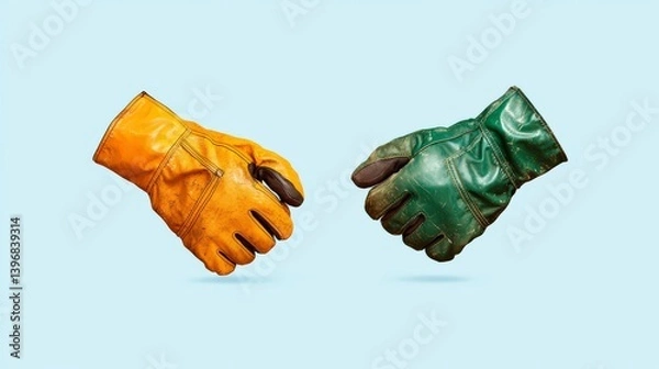 Obraz Vibrant Yellow and Green Work Gloves Clashing Against a Soft Blue Background in a Playful Visual Contrast