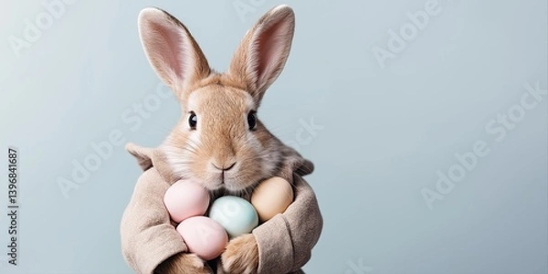 Obraz Bunny in jacket holding colourful eggs on pale blue background