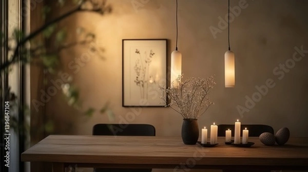 Fototapeta Easter dining room with minimalist decor, featuring a simple wooden table, hanging lights, and candles softly illuminating the space.