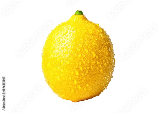 Fototapeta Fresh lemon with water droplets on a white background. Concept of citrus fruit, freshness, and healthy eating.