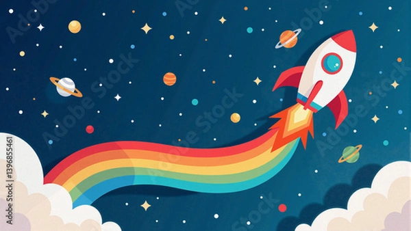 Fototapeta Playful Rocket Ship with Rainbow Trail Soaring Through Starry Space with Planets