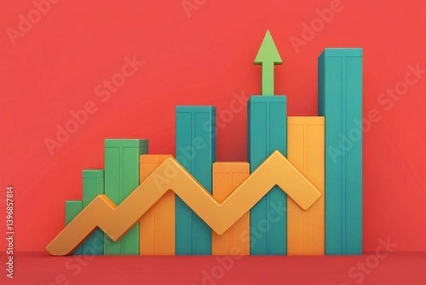 Fototapeta A colorful 3D graph illustrating growth trends with varying bar heights against a red background.