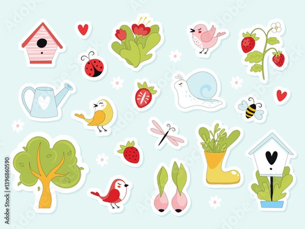 Fototapeta set of cute cartoon spring or summer elements. collection of colorful symbols. 