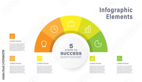 Obraz Half circle infographic design template with 5 steps or parts and business icons