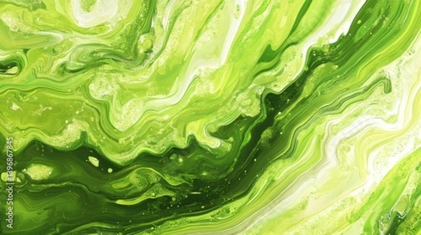 Fototapeta A vibrant abstract painting featuring flowing green and white marbled patterns.