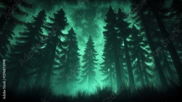 Obraz Dark, mystical forest scene. Lush, tall pines silhouettes against a glowing, ethereal, green sky