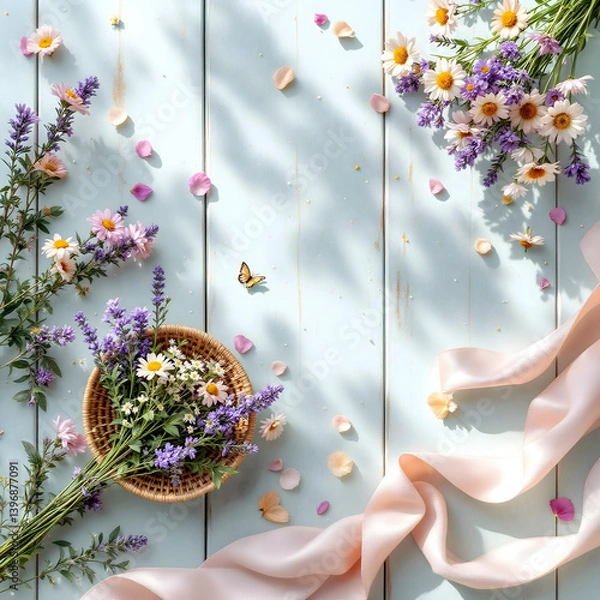 Obraz Composition florale champêtre et douce sur fond pastel