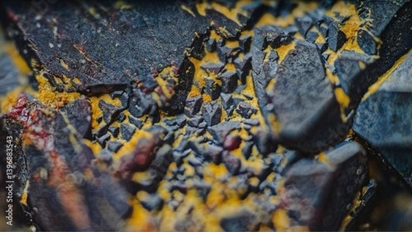 Fototapeta Mineral Cuprite (red copper ore) and silver crystals. Microphotography with high magnification- photo scale 10X