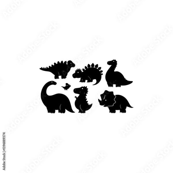 Obraz Vector illustration of dinosaur silhouette including Stegosaurus, Brontosaurus, Velociraptor, Triceratops, Tyrannosaurus rex, and Spinosaurus. 