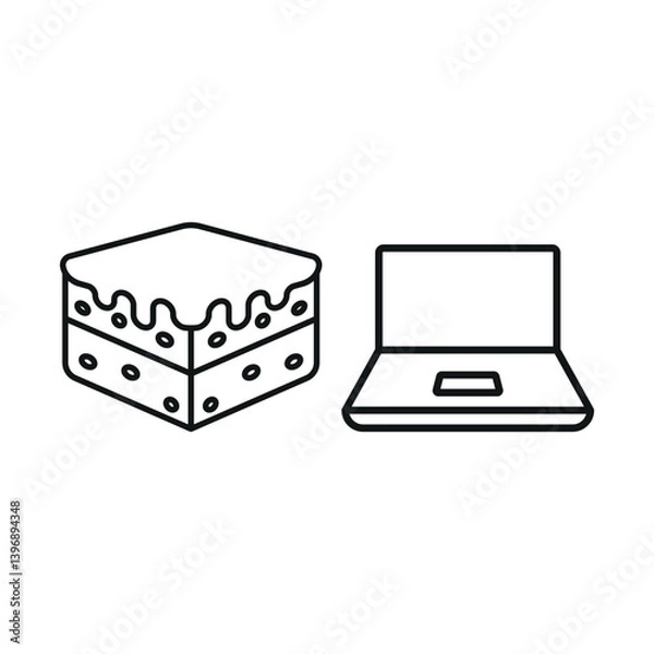 Obraz Laptop and brownie set icon symbolizes rich work breaks, cozy productivity, and a warm creative workspace.