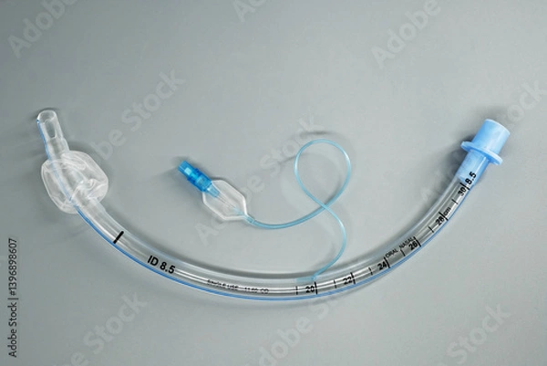 Obraz Single-Use Endotracheal Tube with Cuff. A clear, flexible medical device designed for airway management during anesthesia and respiratory support.