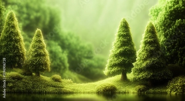 Fototapeta The word GARDEN is obscured by moss and leaves, and enveloped by lush greenery set against a softly focused natural backdrop, evoking eco and spring nature themes