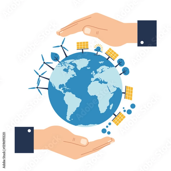 Obraz Protecting our Earth: A symbolic representation of human hands gently cradling and safeguarding planet Earth, symbolizing care for the environment, with renewable energy sources shown.
