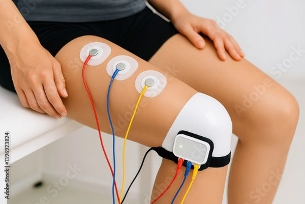 Obraz Therapeutic device on a knee for muscle stimulation.