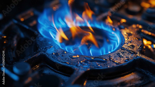 Obraz Close-Up of Lit Gas Stove Burner with Blue Flame and Orange Tips in Dark Kitchen Setting