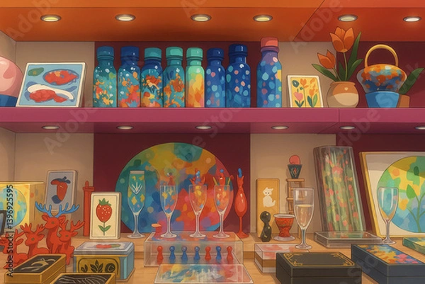 Fototapeta Colorful bottles and glasses arranged creatively on vibrant shelves