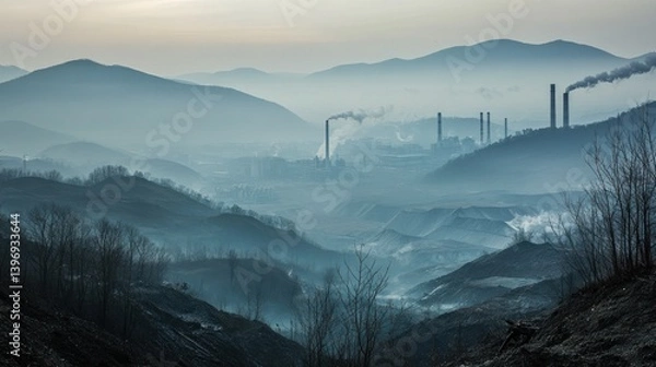 Obraz Smog-Shrouded Mountains and Industrial Pollution