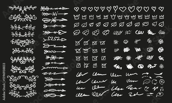 Fototapeta Handwritten text dividers, arrows, crowns, hearts and more. Doodles and squiggles. White on black. Vector set