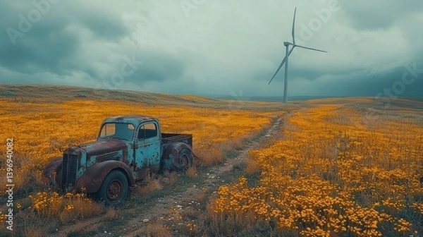 Fototapeta Rusty truck in a field of flowers, wind turbine in background
