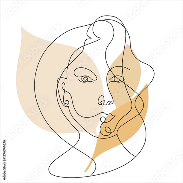 Fototapeta modern girl portrait in one line with monstera leaf isolated on white background for poster and print on clothes
