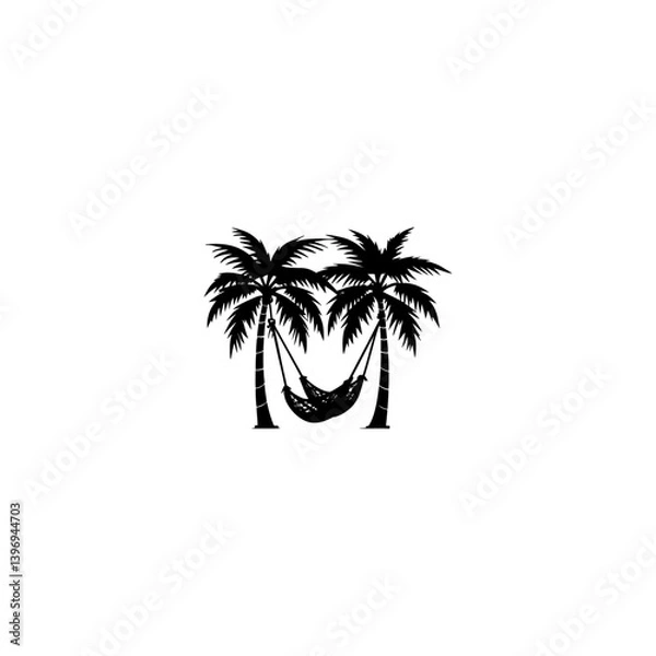 Obraz Hammock between two palm trees silhouette, black and white silhouette, vector and illustration 