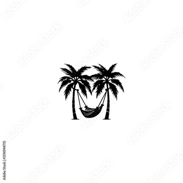 Obraz Hammock between two palm trees silhouette, black and white silhouette, vector and illustration 