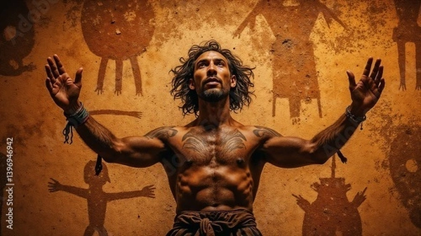 Fototapeta Muscular man performing ancient ritual dance surrounded by cave paintings in a dimly lit historic site at dusk