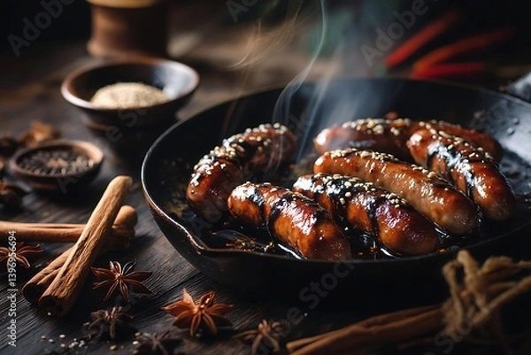 Fototapeta Sizzling sausages with a sticky glaze in a rustic pan