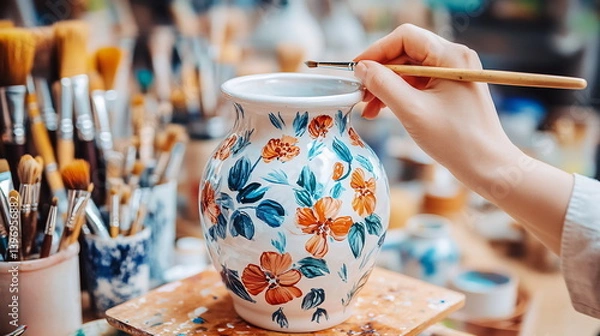 Fototapeta Creating a beautifully painted pottery vase with colorful floral designs in a vibrant art studio