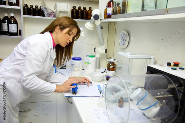 Fototapeta Pharmacist in lab doing paperwork