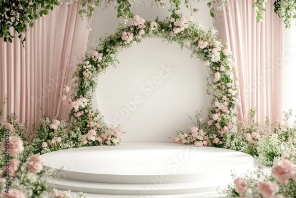 Fototapeta A delicate floral archway design with a soft pink and white color palette for an elegant wedding ceremony.
