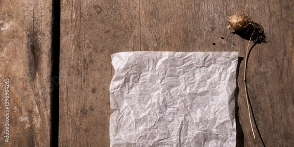 Fototapeta Aged rustic background with empty paper and dry wildflowers. Top view, vintage boho style, space for text
