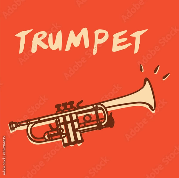 Fototapeta Bold vector illustration of a trumpet on a vivid red background with expressive lines and hand-drawn text. Ideal for jazz, music education, or creative graphic design projects
