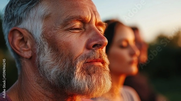 Obraz Mature caucasian male with gray beard enjoying sunset with companion World Meditation Day