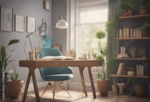 Fototapeta book frame plant chair study pot illustration 3d other rendering decorations table shelf space copy three-dimensional furniture interior home place house studio office room decor render apartment