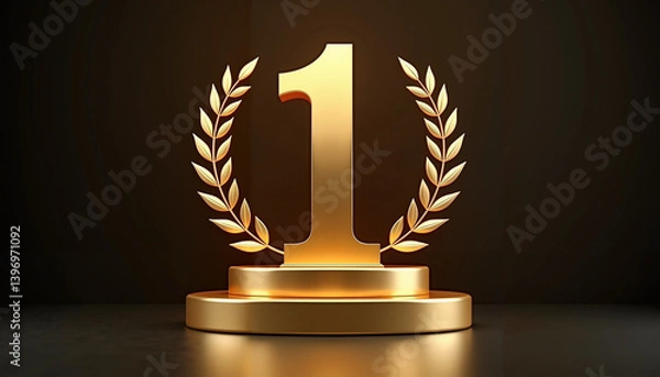 Fototapeta Golden number one with laurel branches on dark background, victory