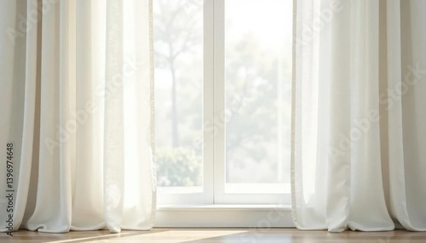 Obraz Subtle, textured linen curtains, soft ivory white , background, fabric texture