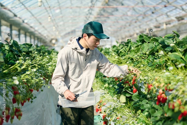 Obraz ビニールハウスで収穫作業をするいちご農家の男性