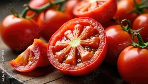 Obraz Sun-dried tomatoes, vibrant red color, slightly wrinkled, food photography, vibrant