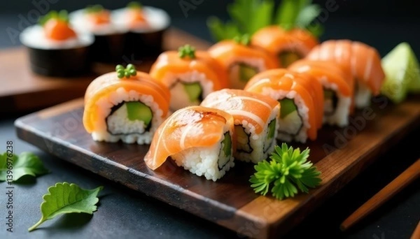 Obraz Sushi platter, assorted rolls, minimalist setting, healthy, tuna