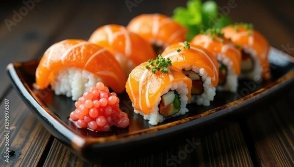 Obraz Sushi platter, various rolls, soy sauce, wasabi, presentation, sushi, wasabi