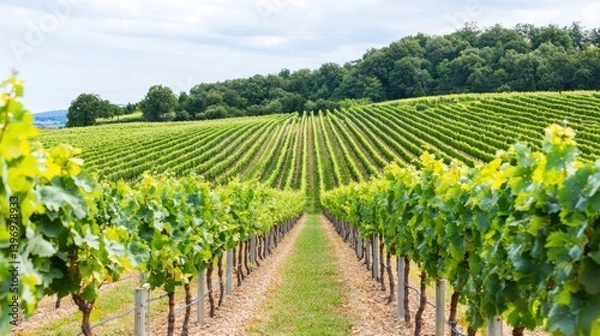 Fototapeta A serene vineyard with rows of grapevines,