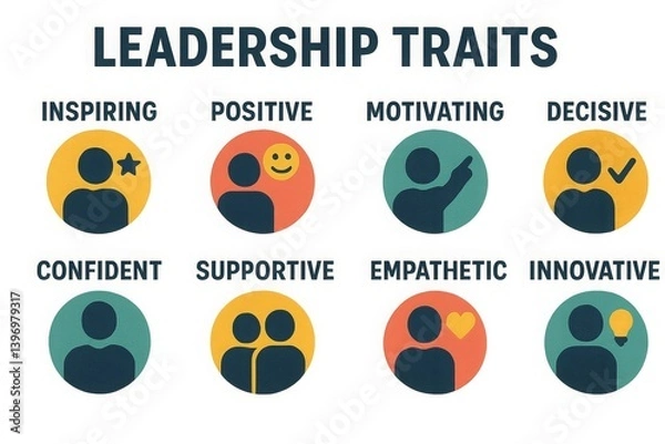 Fototapeta Key leadership traits including inspiring, motivating, and innovative qualities