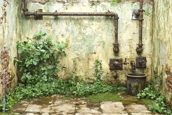 Fototapeta Abandoned room with peeling walls and rusty pipes greenery