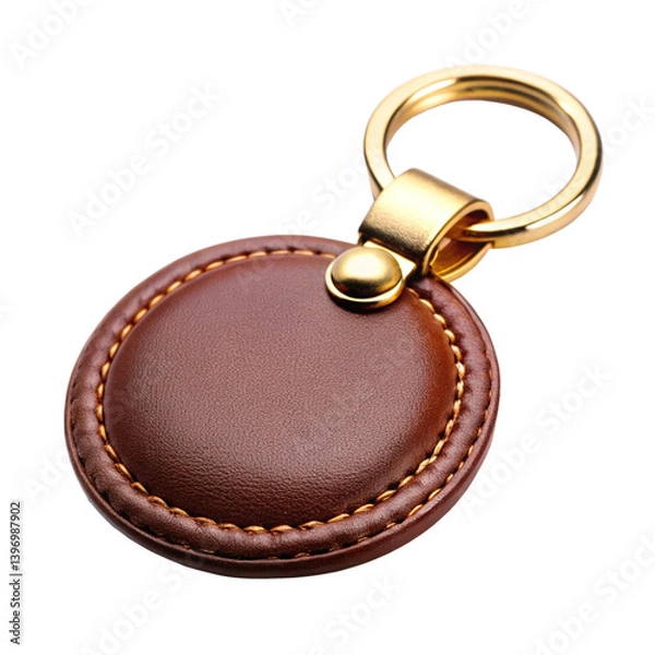 Fototapeta round leather keychain with gold metal ring attachment and decorative border stitching for luxury accessory against white backdrop

