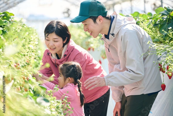 Obraz ビニールハウスで収穫作業をするいちご農家の家族