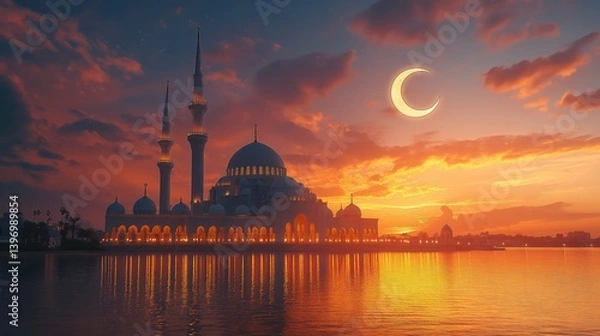 Fototapeta Serene mosque illuminated under a crescent moon with lanterns glowing softly, symbolizing Ramadan