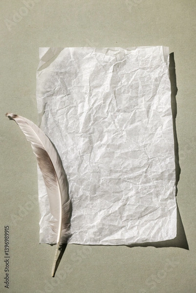 Fototapeta Monochrome background with a blank sheet of paper and a feather. Top view, minimal style, space for text.
